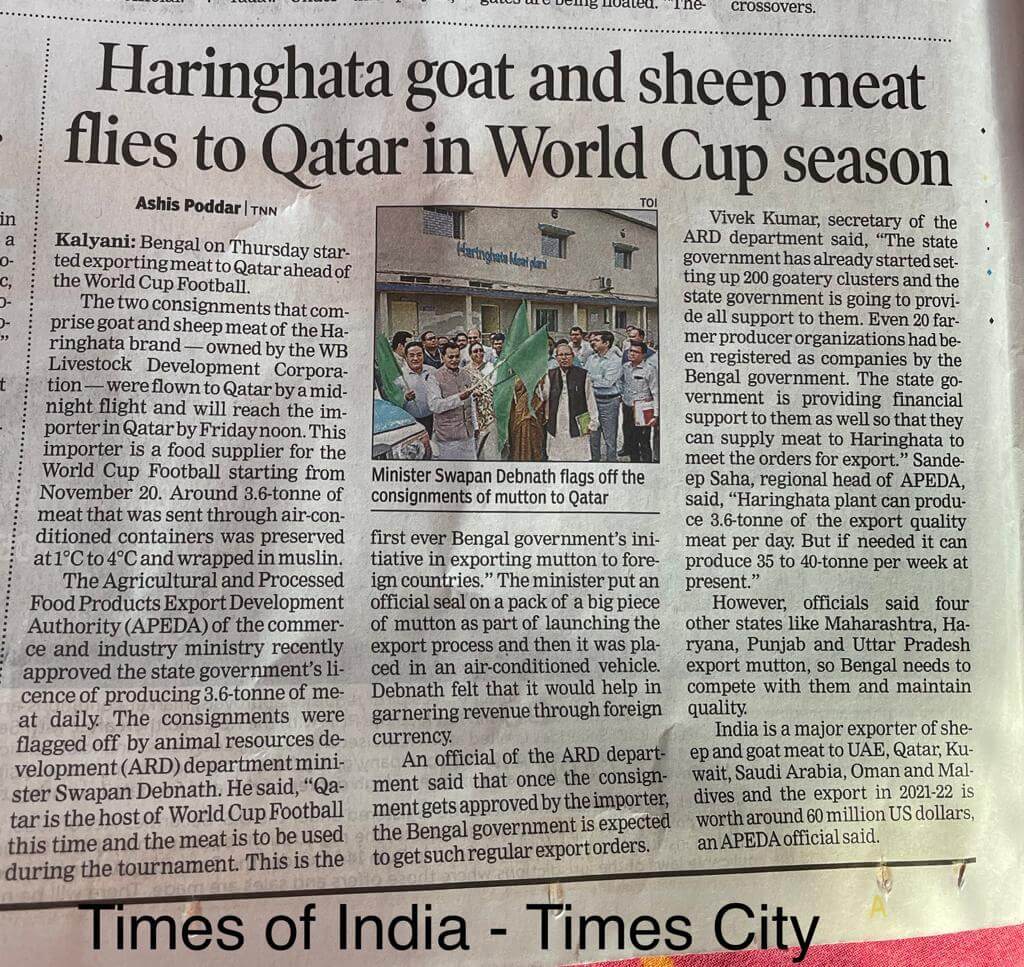 Haringhata goat and sheep meat flies to Qatar in World Cup season